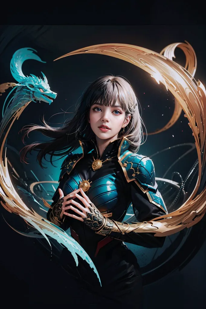 This is an image of a woman with long silver hair and blue eyes. She is wearing a blue and gold armor. There is a blue dragon behind her head. She is standing in front of a dark blue background.