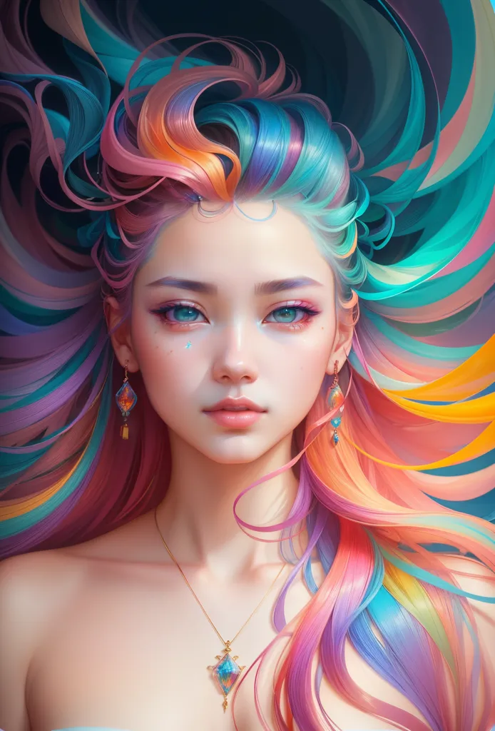 L'image est un portrait d'une jeune femme aux longs cheveux ondulants. Ses cheveux sont un arc-en-ciel de couleurs, avec des bleus, des verts, des jaunes et des violets. La peau de la femme est claire et sans défaut, et ses yeux sont d'un bleu profond. Elle porte un collier avec un pendentif bleu. L'arrière-plan est bleu foncé, avec quelques étoiles éparpillées.