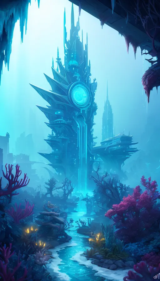 The image is set in an underwater city. The city is built on a series of interconnected platforms that are suspended above the ocean floor. The platforms are made of a blue-green material that glows in the water. The city is lit by a series of bioluminescent creatures that float through the water.

The image is full of detail. There are intricate carvings on the buildings and platforms, and the coral reefs are full of colorful fish and other sea life. The water is clear and blue, and you can see the sunlight shining down from the surface.

The image is very beautiful and gives you a sense of wonder and awe. It is clear that the city is a thriving metropolis, and it is easy to imagine the hustle and bustle of everyday life there.