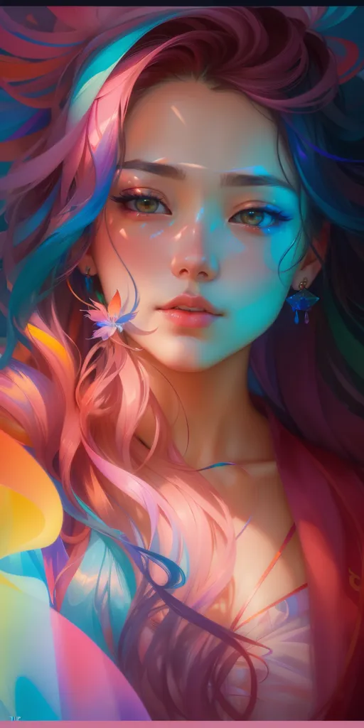 La imagen es un retrato de una hermosa mujer con cabello largo y ondulado. Su cabello es una mezcla de colores, incluyendo rosa, azul y morado. Sus ojos son de un profundo color verde y su piel es clara. Lleva un vestido rosa y tiene una flor en el cabello. El fondo es un desenfoque de color, y el rostro de la mujer es el principal enfoque de la imagen.