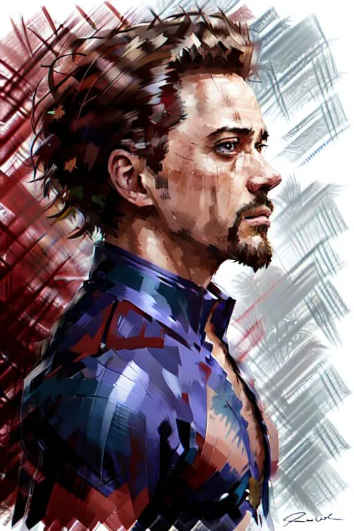 Gambar ini adalah lukisan Tony Stark, karakter dari Marvel Cinematic Universe. Dia ditampilkan dalam profil, dengan rambutnya berantakan dan wajahnya tidak bercukur. Dia mengenakan baju biru dan abu-abu serta rompi hitam. Latar belakangnya adalah blur merah dan putih. Lukisan ini dibuat dalam gaya realistis, dan seniman telah menangkap kemiripan karakter dengan baik.