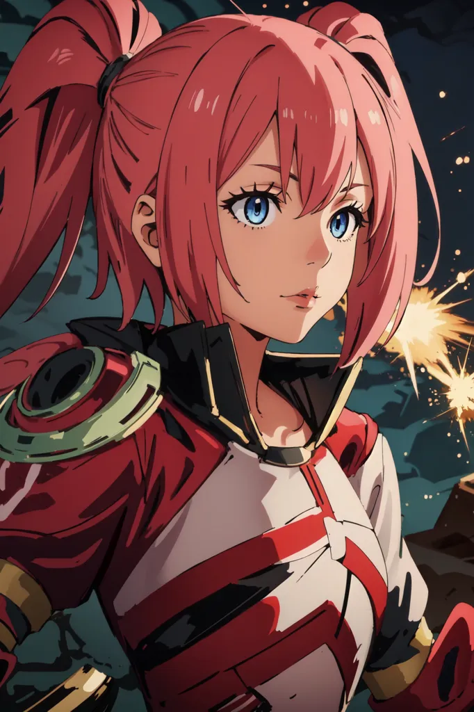 This is an image of a young girl with pink hair and blue eyes. She is wearing a red and white outfit. She has a serious expression on her face. There are explosions in the background.