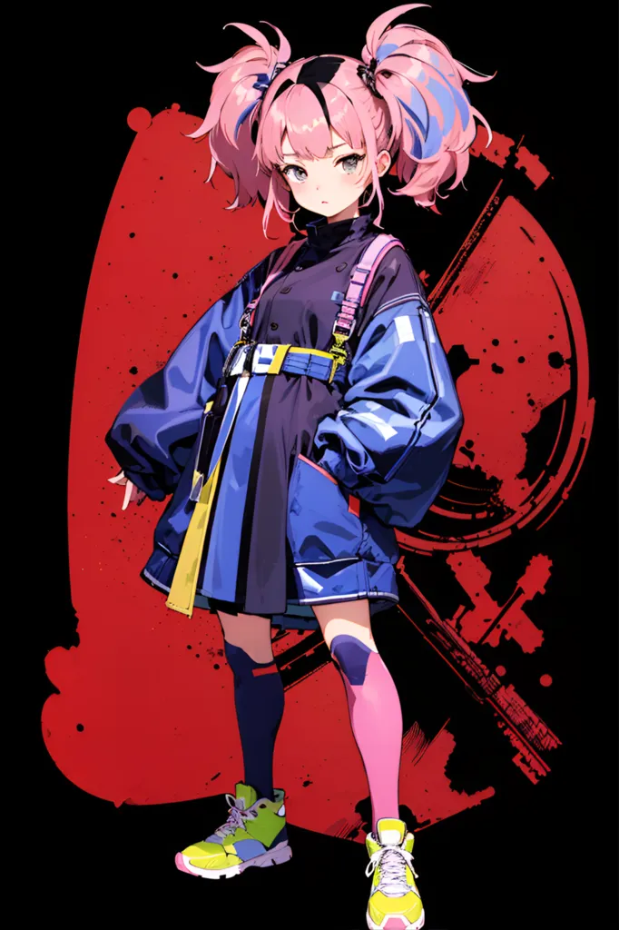 The image is a portrait of a young woman with pink twintails, pink and blue eyes, and a beauty mark under her left eye. She is wearing a blue and black jacket, a yellow and blue skirt, and yellow and white sneakers. She is also wearing a pair of headphones. The background is a dark red with a large white circle in the center. The overall style of the image is anime or manga-inspired.