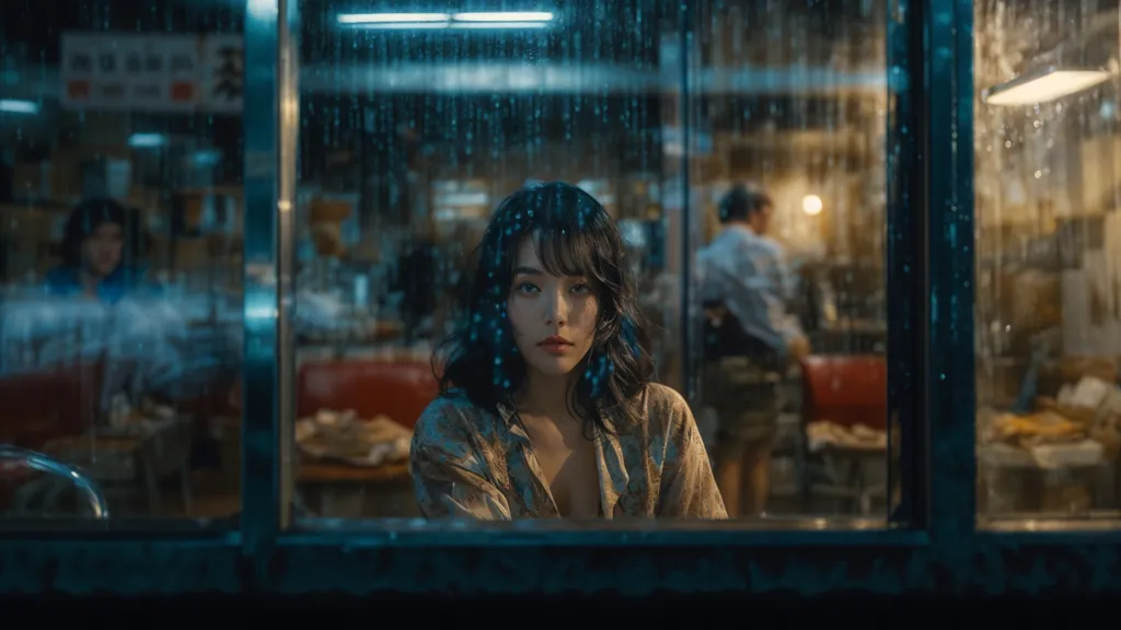 The image is a portrait of a young woman sitting in a restaurant, looking out the window. She has short black hair and is wearing a white shirt. The window is wet from the rain, and the lights of the restaurant are reflected in the glass. The woman is looking at something outside the window, and her expression is pensive.