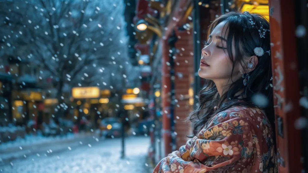 L'image montre une jeune femme debout à l'extérieur dans la neige. Elle porte un kimono à motif floral et a les cheveux attachés en chignon. Ses yeux sont fermés et elle a une expression sereine sur le visage. La neige tombe abondamment et la rue est vide à l'exception de quelques voitures garées. La photo est prise d'un angle légèrement surélevé et l'arrière-plan est flou.