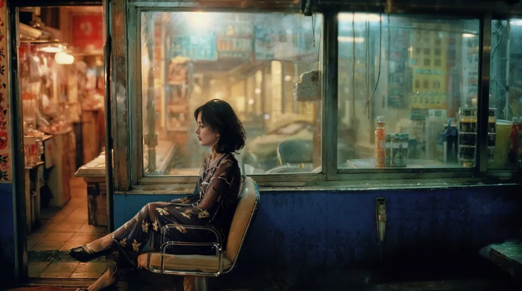 The image is set in a small, run-down shop. The woman is sitting on a chair in front of a glass window. She is wearing a long, black dress with a floral pattern. Her hair is short and dark. She is looking out the window, with a pensive expression on her face. The shop is dimly lit, with only a few lights on. There are shelves lined with various goods. The image has a somewhat nostalgic and lonely feel to it.