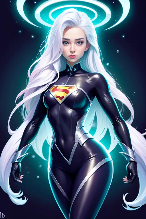 This image shows a young woman with long white hair and blue eyes. She is wearing a black and silver superhero costume with the Superman logo on her chest. She is standing with her hands on her hips and has a confident expression on her face. There is a glowing blue halo around her head.