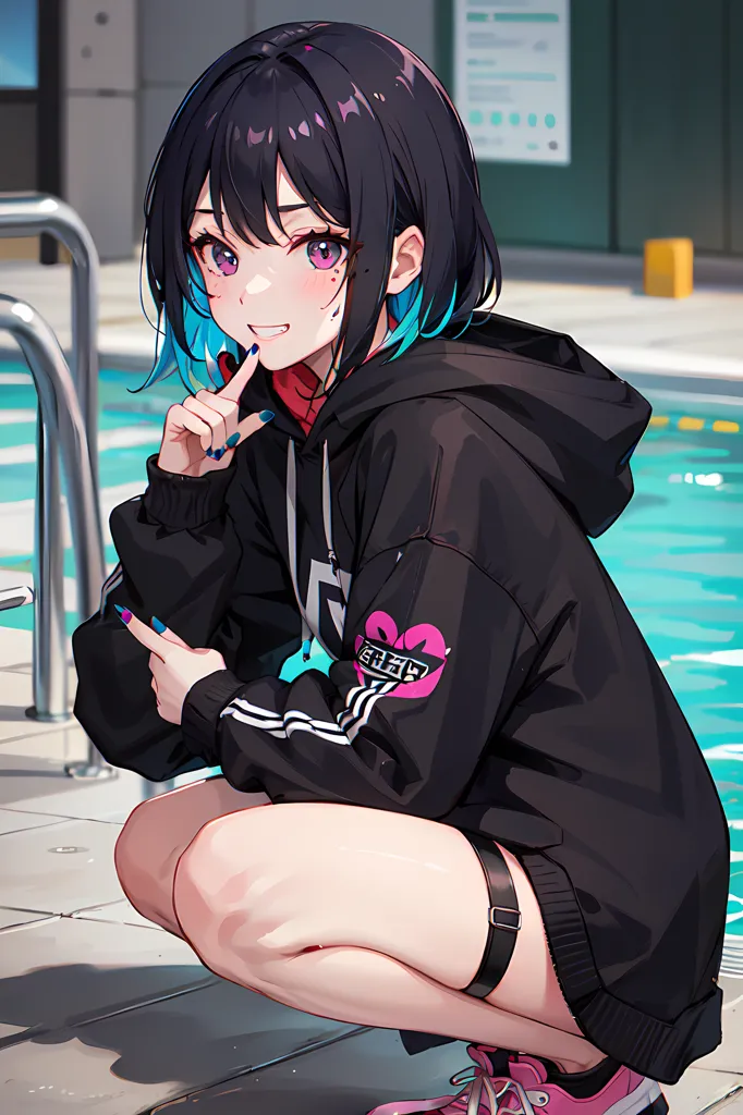 The image shows an anime-style girl with black hair and blue-tipped hair kneeling on the pool deck. She has her right index finger pointing at her lips and her left hand pointing at the camera. She is wearing a black hoodie with white and pink stripes on the sleeves and a pink heart-shaped logo on the chest. She is also wearing a black belt and pink sneakers. The background of the image is a blurred swimming pool with a blue lane line.