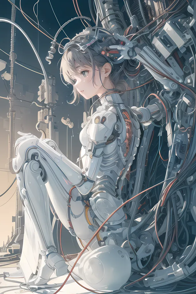 The image is of a young woman with gray hair and brown eyes. She is wearing a white and gray bodysuit with a lot of wires and tubes attached to her body. She is sitting on a pile of scrap metal and wires. The background is a dark cityscape with a lot of tall buildings. The image is very detailed and realistic.