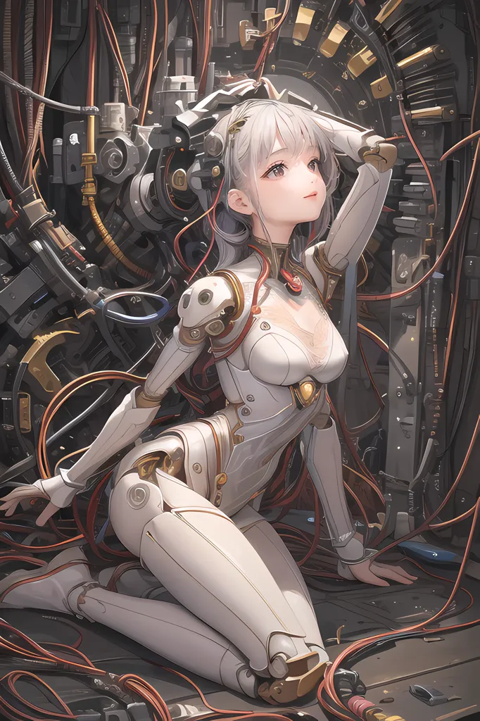 The image depicts a young woman with white hair and silver eyes. She is wearing a white bodysuit with a metallic breastplate and a blue gem in the center. She is also wearing a pair of white boots with blue soles. She is kneeling on the ground in front of a large machine. The machine is made of metal and has a variety of wires and tubes attached to it. The woman is holding a wire in her right hand and is looking at it with a curious expression.