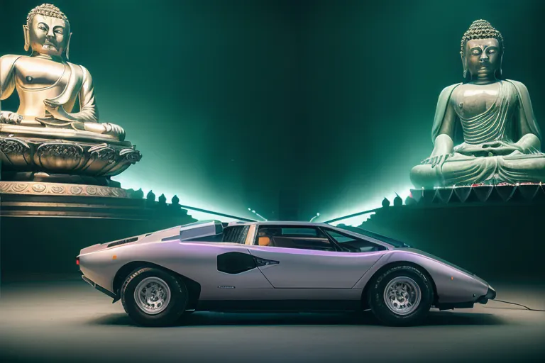 Изображение показывает классический серебристый автомобиль Lamborghini Countach LP400 с статуями Будды по обе стороны. Автомобиль в фокусе, а статуи немного размыты. Фон представляет собой зеленый градиент с прожектором, освещающим автомобиль. Изображение очень стилизованное и имеет ретро-атмосферу.