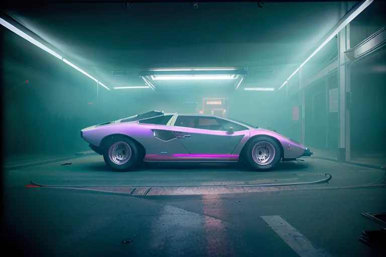 A purple Lamborghini Countach is sitting in a dark, foggy parking garage. The car is illuminated by a single spotlight. The car is sleek and futuristic, with a low profile and wide stance. It has a long hood and a short trunk, and its wheels are covered in wide tires. The car is also very clean, and it appears to be in perfect condition.