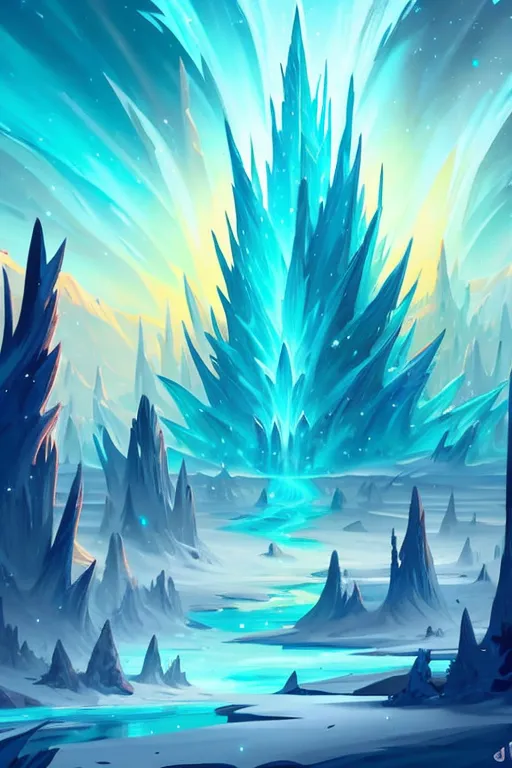 The image is a fantasy landscape. There is a large, blue crystal tower in the center of the image. The tower is surrounded by snow-capped mountains and a river runs through the middle of the scene. The sky is a light blue color and there are some clouds in the sky.