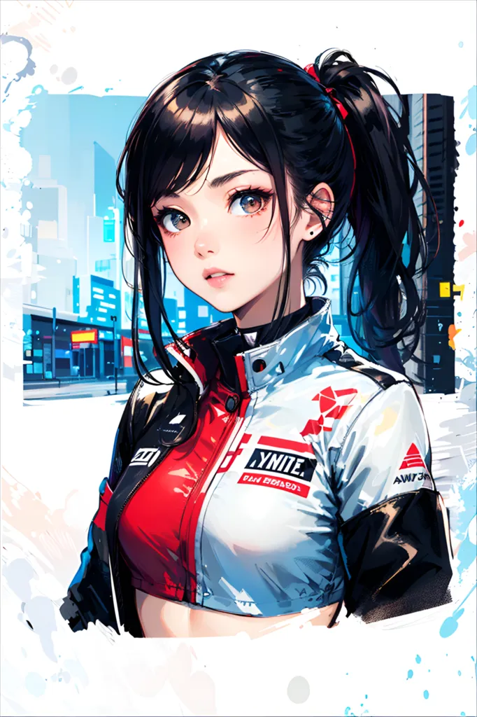 This is an illustration of a young woman with long black hair tied in a ponytail. She is wearing a red and white jacket with a black turtleneck crop top. The jacket has a white stripe with the word "YNITE" on the left sleeve. There is a small red triangle on the right side of the jacket. She has brown eyes and is looking at the viewer with a slight smile. There is a city skyline in the background with tall buildings and a blue sky.