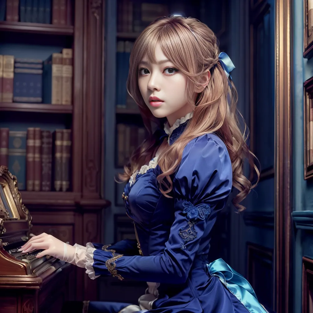 The image shows a young woman sitting at a piano. She is wearing a blue dress with a white collar. Her hair is long and brown, and she has a blue bow in her hair. She is looking at the keys of the piano with a thoughtful expression. There are bookshelves with blue books in the background.