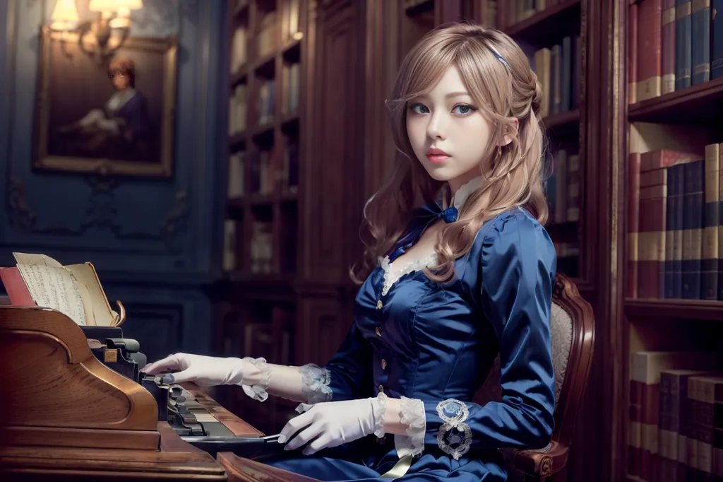 The image shows a beautiful young woman sitting in a library, wearing a blue dress with a white collar and gloves. She is sitting at a desk, and there is a typewriter on the desk. There are bookshelves all around her, and a painting on the wall behind her. The woman has long blond hair and blue eyes, and she is looking at the camera with a serious expression.