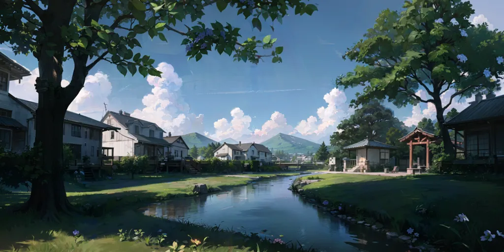 The image is a long, narrow strip of land with a river running through the middle. The river is surrounded by trees and grass, and there are houses on both sides of the river. The houses are mostly white with black roofs, and they are all surrounded by trees and greenery. The sky is blue, and there are clouds dotting the sky. The image is peaceful and serene, and it depicts a beautiful summer day in the countryside.