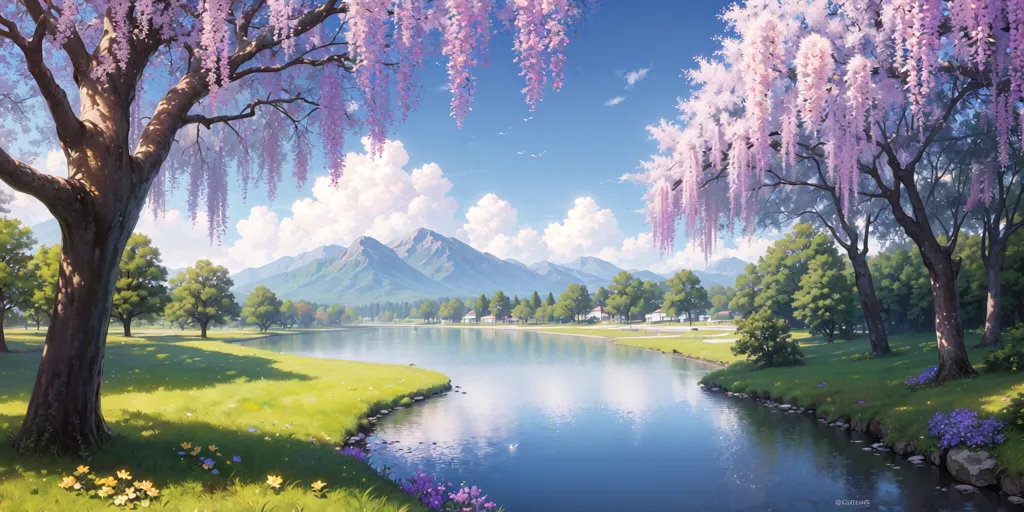 The image is a beautiful landscape with a lake, mountains, and cherry blossom trees. The sky is blue and clear, with a few white clouds. The lake is surrounded by green hills and forests, and there are a few houses on the shore. The cherry blossom trees are in full bloom, and their pink and white blossoms are hanging from the branches. The grass is green and lush, and there are a few flowers growing in the foreground. The overall effect is one of peace and tranquility.