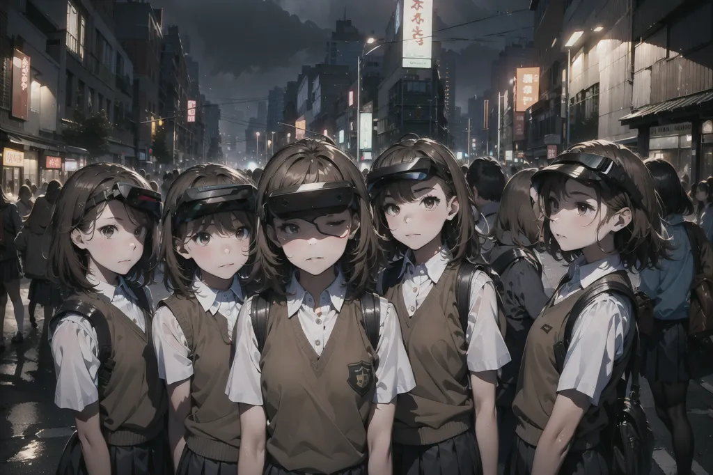 The image shows five anime school girls wearing augmented reality glasses in an urban street setting. They are all wearing the same brown school uniform with a white shirt underneath. The background shows a busy street with people walking around, and there are large buildings and skyscrapers in the distance. The girls are all looking in different directions, and they all have different expressions on their faces.