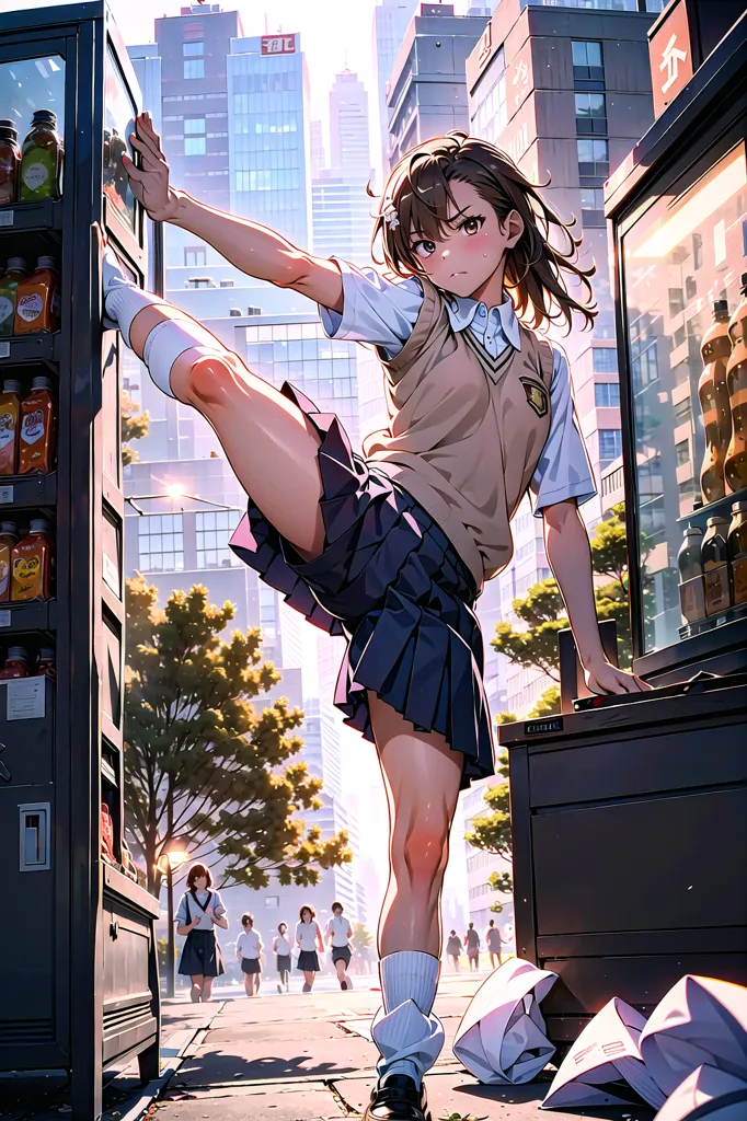 The image is a depiction of a young woman in a school uniform. She is standing with her left leg propped up on a vending machine, and her right leg extended in the air. She is wearing a white shirt, a brown sweater vest, and a pleated skirt. Her hair is brown and she has brown eyes. She is looking at the viewer with a somewhat defiant expression. The background is a cityscape with tall buildings and a tree-lined street.