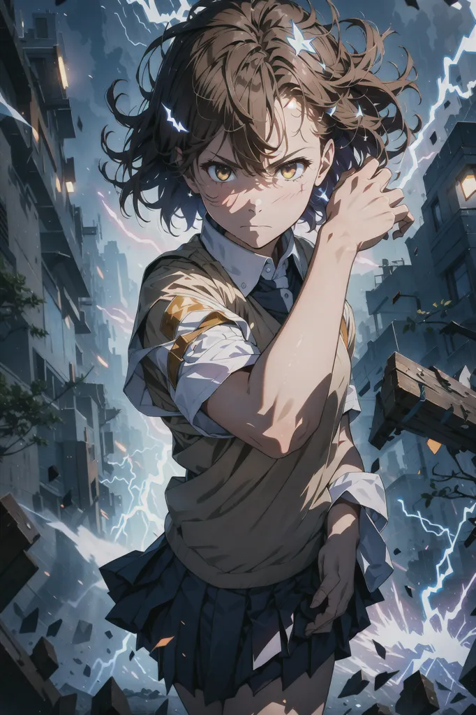 This is an illustration of a young girl with brown hair and yellow eyes. She is wearing a school uniform consisting of a brown blazer, white shirt, and dark blue skirt. She is standing in a city that appears to be in ruins, with debris and lightning bolts all around her. The girl has a determined expression on her face and is raising her right fist in the air.