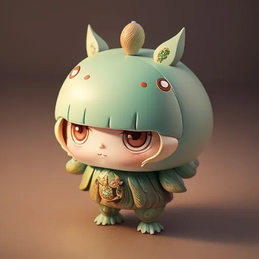 The image shows a cute 3D cartoon character. It has light green hair and eyes, and is wearing a green outfit with leaf-like sleeves. It also has a brown belt with a flower-like buckle. The character is standing on two legs and has a happy expression on its face.