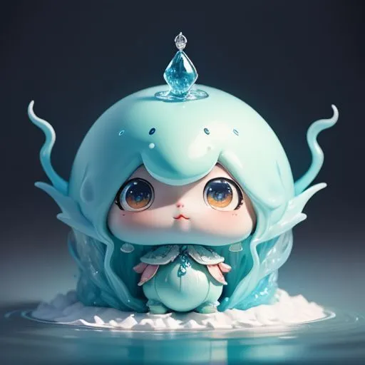 The image shows a cute little blue water spirit. It has big blue eyes, a small pink nose, and a tiny mouth. It is wearing a white and blue outfit with a blue crystal on its head. It is sitting on a small puddle of water and is surrounded by a few small waves. The background is a dark blue color.