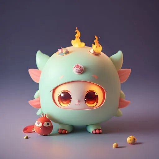 The image shows a cute 3D cartoon creature. It has a round green body with a yellow belly and a pair of stubby arms and legs. The creature's head is large and round, with a pair of big, sparkly eyes and a small, upturned nose. It also has a pair of short, pointed ears and a tuft of hair on the top of its head. The creature is wearing a green and yellow costume and has a flame on its head. It is standing on a small, round platform.