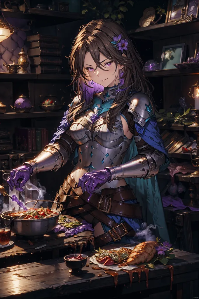 A beautiful anime girl with long brown hair and purple eyes is cooking in a kitchen. She is wearing a silver breastplate and a blue skirt. She is also wearing purple gloves and a brown belt. There are several bookshelves in the background and a variety of food on the table.