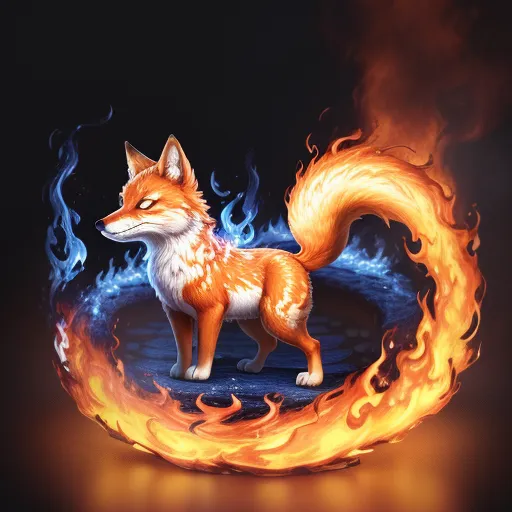 The image is a digital painting of a fox. The fox is standing in a circle of fire, and its tail is also on fire. The fox is looking at the viewer with a curious expression. The fire is orange and blue, and it is casting a warm glow on the fox's fur. The fox's fur is orange and white, and it has black eyes. The painting is done in a realistic style, and the fox's fur is particularly well-rendered. The background is a dark blue, which makes the fox and the fire stand out. The painting is a beautiful and unique depiction of a fox.