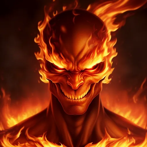 The image is of a skull made of fire. The skull has a malevolent grin on its face and is surrounded by flames. The flames are orange and yellow and appear to be coming from the skull's eyes and mouth. The background is black, which makes the skull stand out. The skull is very detailed, and you can see the individual bones in the face. The flames are also very detailed, and you can see the individual flames licking around the skull. The image is very realistic, and it looks like it could be a scene from a movie.