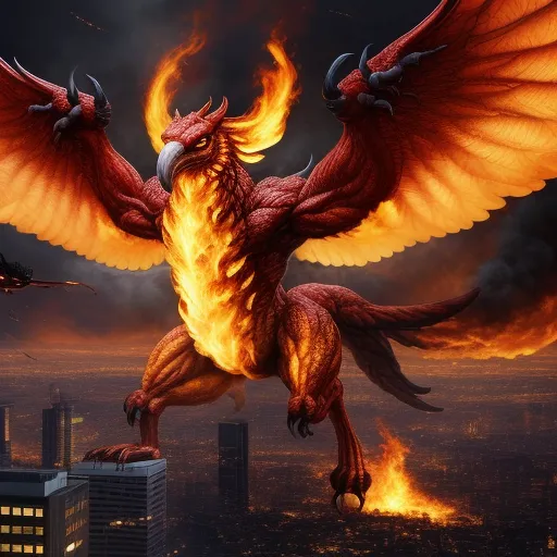 The image shows a giant phoenix with red and orange feathers. It is standing on a rooftop in the middle of a city. The phoenix is surrounded by flames. There are also two fighter jets flying in the background. The city is in ruins and there are fires burning everywhere. The phoenix is looking at the fighter jets.