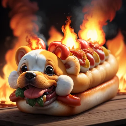 The image shows a hot dog that is made to look like a dog. It is on a table with flames in the background. The hot dog has a sesame seed bun, a hot dog weenie, lettuce, tomato, ketchup, and mustard. The hot dog is smiling with its tongue out and has little feet sticking out of the bottom of the bun.