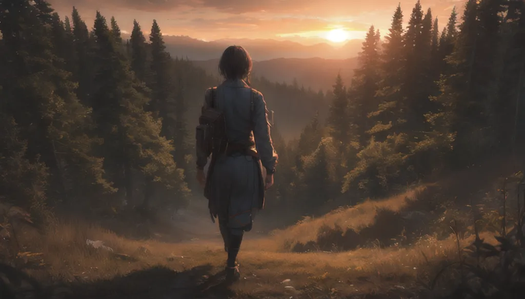 This is an image of a person standing on a hilltop, looking out over a vast forest. The sun is setting, casting a warm glow over the scene. The person is dressed in a simple traveler's outfit, and they have a backpack on their back. They are carrying a staff in their right hand. The forest is made up of tall, coniferous trees, and the ground is covered in a thick layer of moss. There is a mountain range in the distance. The image is very peaceful and serene, and it evokes a sense of wonder and adventure.