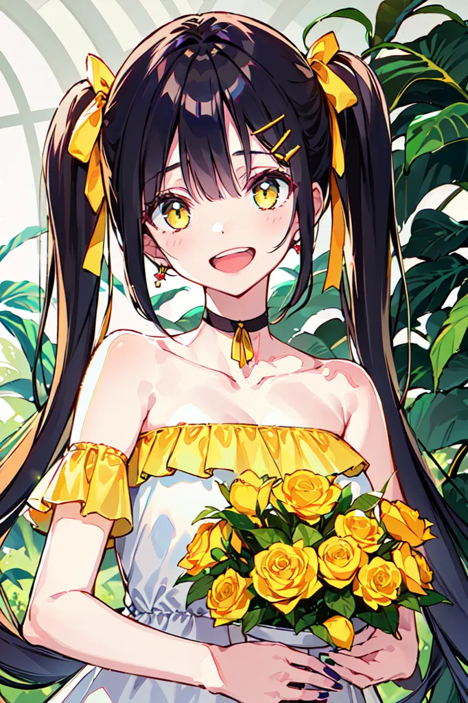 The image shows a young woman with long black hair and yellow eyes. She is wearing a yellow off-the-shoulder dress with a white camisole underneath. There are two large yellow bows in her hair. She is holding a bouquet of yellow roses. She is standing in front of a lush green background. The image is drawn in an anime style.