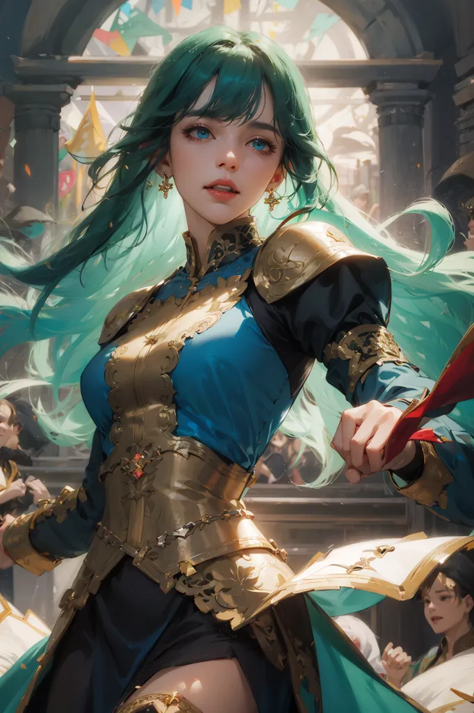 La imagen muestra a una mujer joven con el cabello verde largo y ojos azules. Lleva un atuendo azul y dorado con una capa blanca. También lleva un collar y pendientes de oro. Está de pie en un gran salón con una multitud de personas al fondo.