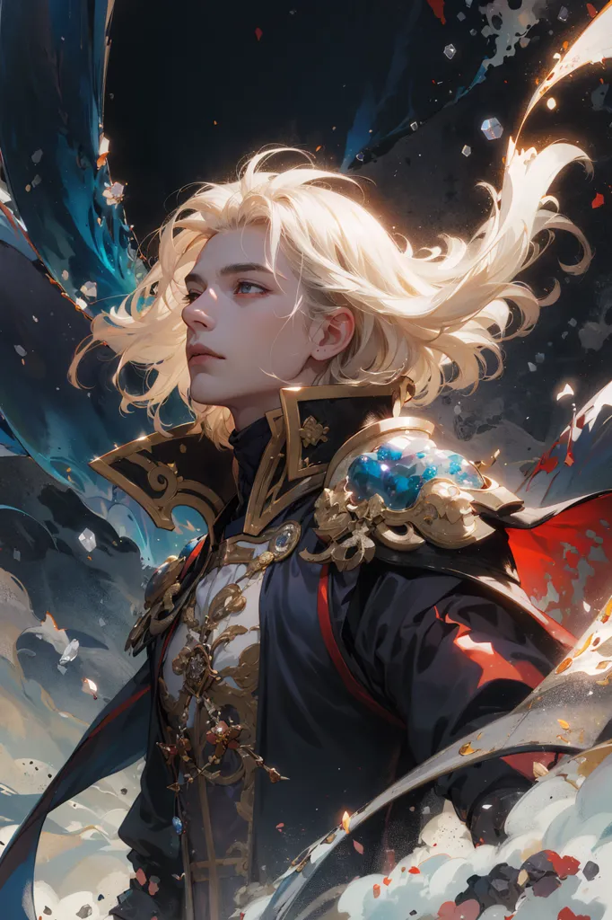 The image is of a young man with long blond hair and blue eyes. He is wearing a black and gold outfit with a red cape. He is standing in front of a dark background with a blue and white light source on the left side of the image. The man's expression is serious and determined. He looks like he is about to engage in battle.