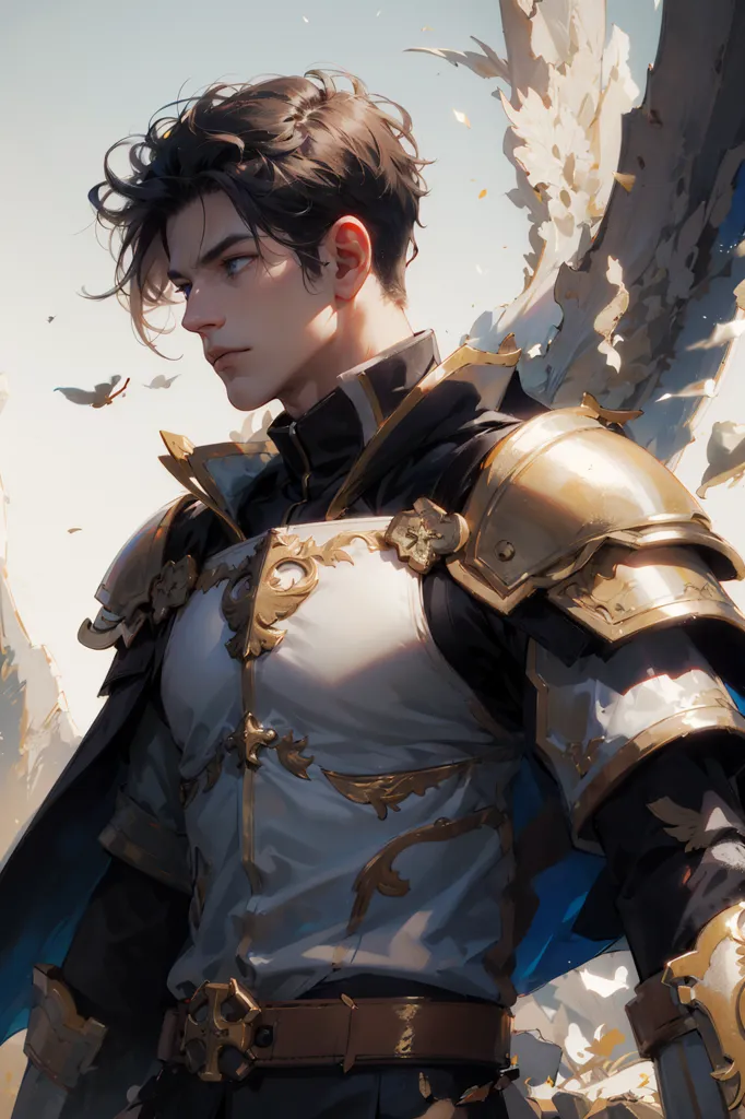 This is an image of a young man with dark hair and blue eyes. He is wearing a white and gold colored outfit that looks like armor. He has a serious look on his face and is looking to the left of the frame. There are white and blue butterflies around him, and he has a large white wing coming out of his back.