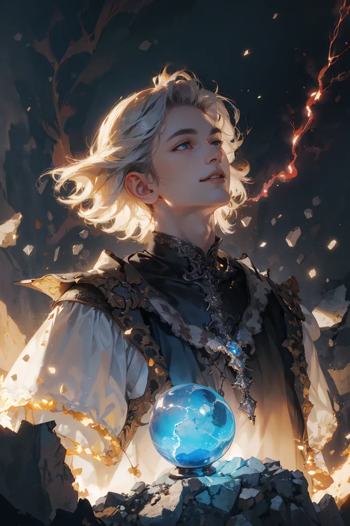 The image shows a young man with blond hair and blue eyes. He is wearing a white and gold tunic with a blue sash. He is holding a crystal ball in his hands. The background is dark with a hint of light on the left side. The man's expression is one of wonder and curiosity. He seems to be looking at the crystal ball with great interest. The image is very detailed and realistic. The man's hair is rendered with great care, and the crystal ball is almost lifelike. The image is also very atmospheric, and the dark background helps to create a sense of mystery and intrigue.