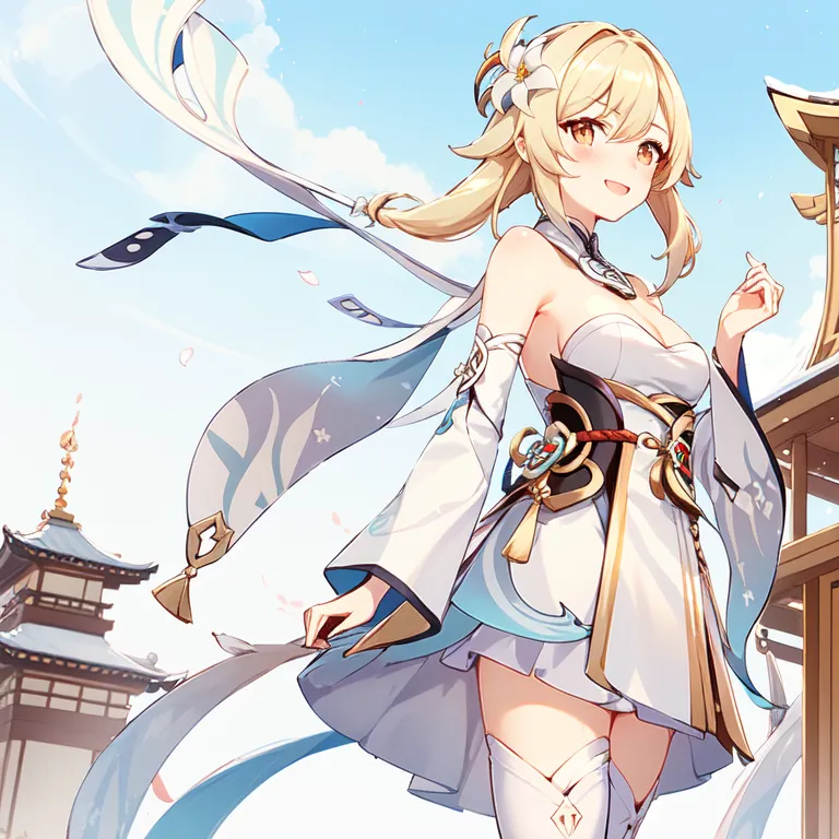 The image shows a young woman with long blonde hair and blue eyes. She is wearing a white and blue dress with a yellow ribbon tied around her waist, a yellow flower in her hair, and white thigh-high socks. She is standing in a snowy landscape with a traditional Chinese-style building in the background. The sky is blue and there are some snowflakes falling.