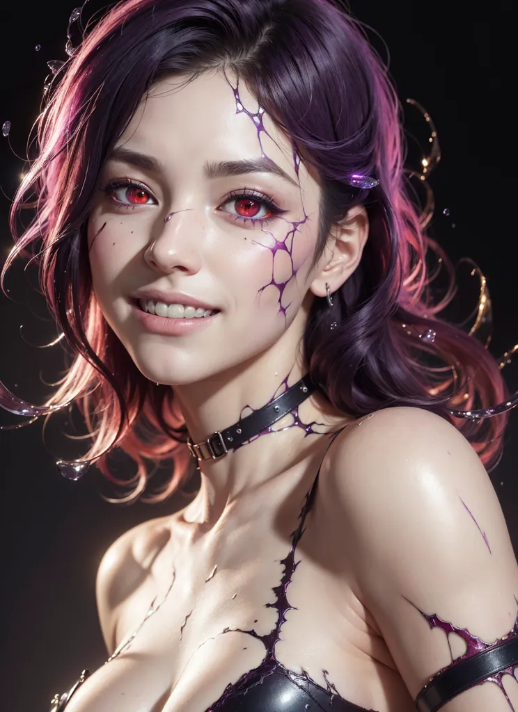 The image is a portrait of a beautiful woman with purple hair and red eyes. She is wearing a black leather outfit and has a choker around her neck. Her skin is pale and flawless, and her eyes are bright and piercing. She has a small smile on her face, and her lips are slightly parted. Her hair is long and flowing, and it cascades over her shoulders. She is standing in front of a dark background, and there is a light shining on her from the front. The image is very detailed, and the woman's beauty is striking.