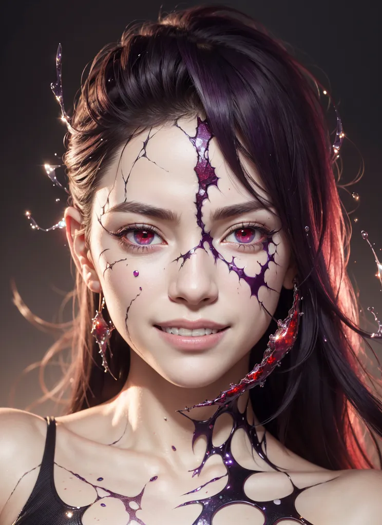 The image is a portrait of a young woman with dark hair and red eyes. Her face is covered in a network of glowing red cracks, and her skin is pale and flawless. She is wearing a black dress with a plunging neckline, and her hair is styled in a sleek, modern bob. The woman has a confident and seductive expression on her face, and she seems to be enjoying the attention she is receiving. The background of the image is dark and out of focus, which helps to create a sense of mystery and intrigue.