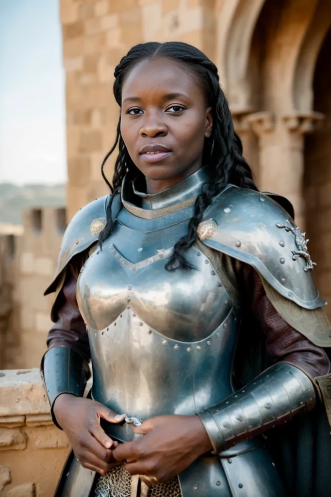 A imagem mostra uma jovem mulher africana em armadura medieval. Ela está usando uma couraça, proteções de ombro e luvas. Seu cabelo está trançado e ela tem uma expressão determinada em seu rosto. Ela está em pé diante de uma parede de pedra.