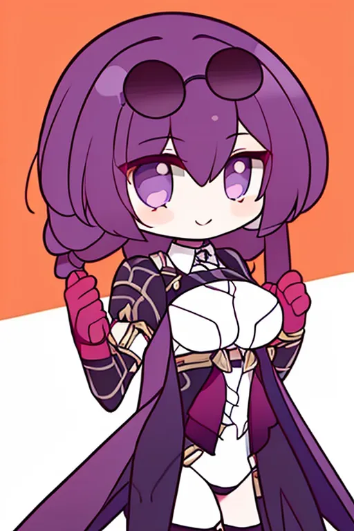 L'image représente un personnage chibi aux cheveux et aux yeux violets. Elle porte une tenue blanche et violette avec un collier noir et une paire de lunettes de soleil sur la tête. Elle a une expression narquoise sur le visage et se tient les mains sur les hanches. L'arrière-plan est un dégradé d'orange et de blanc.