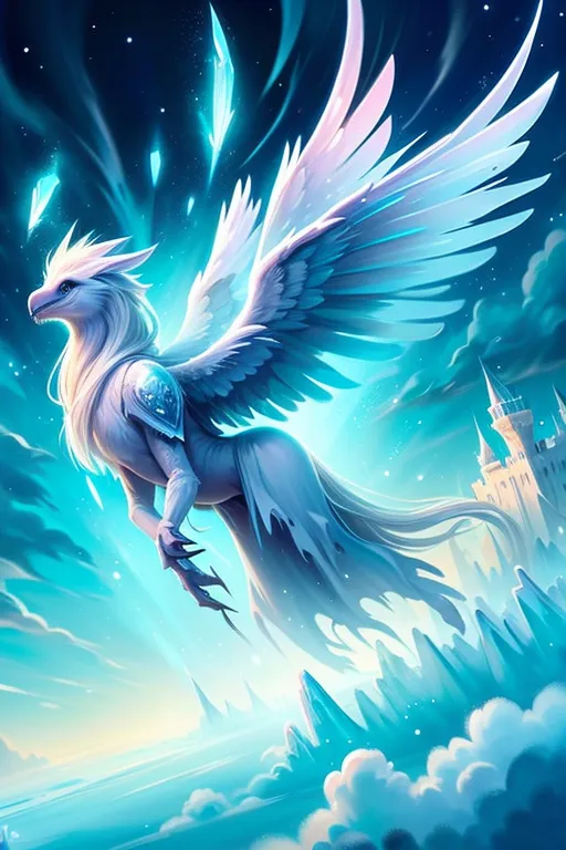 The image is of a white Pegasus-like creature with large, outstretched wings. The creature is standing on a cloud, with a castle in the background. The Pegasus is surrounded by a blue sky and white clouds. The creature has a long, flowing mane and tail, and its eyes are a deep blue. The Pegasus is also wearing a suit of armor.