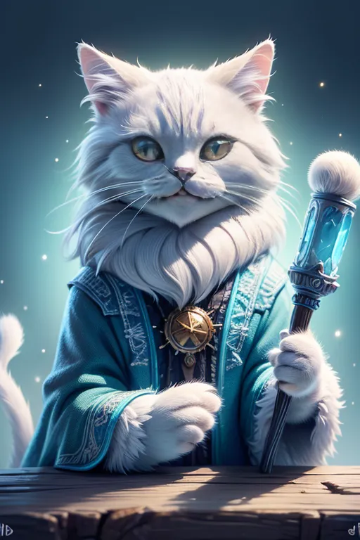 The image shows a white cat wearing a blue robe with a gold trim. The cat is sitting on a wooden table and is holding a magic staff in its right paw. The cat has green eyes and a long, flowing mane. The background is a dark blue color with a starry night sky.