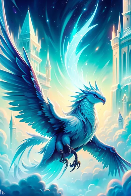 The image is of a blue phoenix with white and light blue tail feathers. It has a white head and neck with a light blue crest. The phoenix is flying in front of a blue and white castle with light blue clouds surrounding it. The phoenix has its wings spread wide and is looking to the right of the frame.