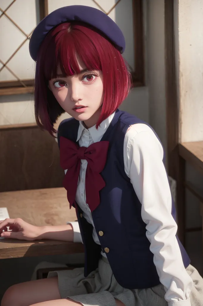 The image shows a young woman with red hair and red eyes. She is wearing a blue beret, a white blouse, and a blue vest. She is sitting at a table, looking at the camera with a slightly surprised expression.