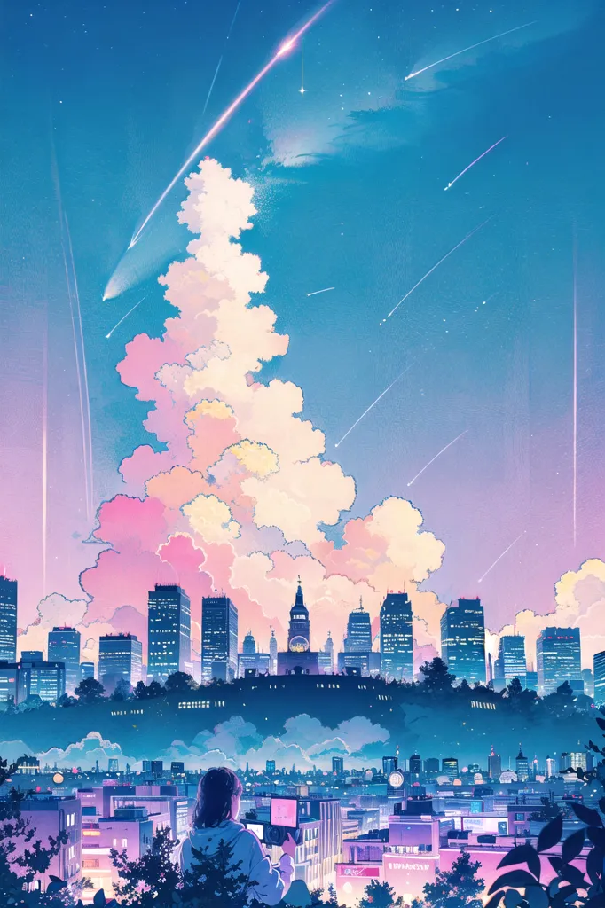 The image is a beautiful depiction of a city at night. The sky is a deep blue color, and there are many stars and shooting stars in the sky. The city is in the foreground, and it is made up of many tall buildings. The buildings are lit up by the lights inside, and they create a beautiful reflection on the water. There is a large cloud in the center of the image, and it is a gradient of pink and blue. The cloud is fluffy and looks very soft. There is a person standing on a rooftop in the foreground, and they are looking out at the city. The person is wearing a blue shirt, and they have long brown hair. The image is very peaceful and serene, and it captures the beauty of the night sky.