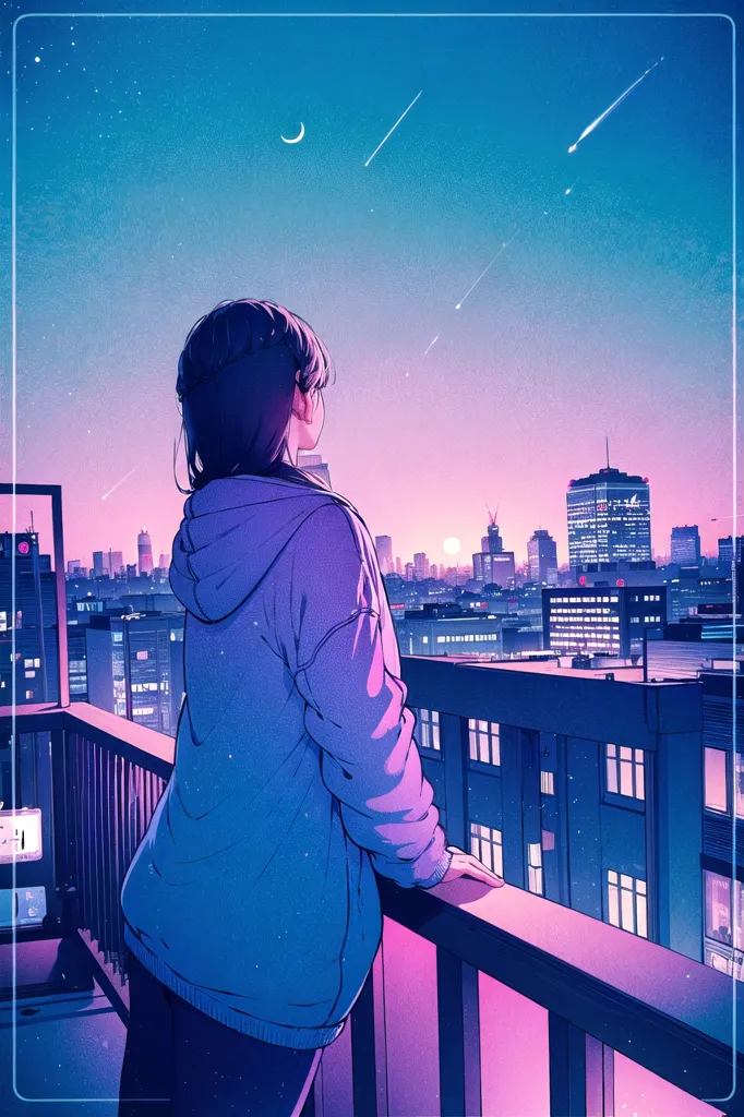 The image is a night scene of a girl standing on a rooftop overlooking a city. The girl is wearing a purple hoodie. The city is in the background and is lit up by the lights of the buildings. The sky is dark and there are stars and a crescent moon in the sky. There are also shooting stars in the sky. The image is in a realistic style and the colors are vibrant.